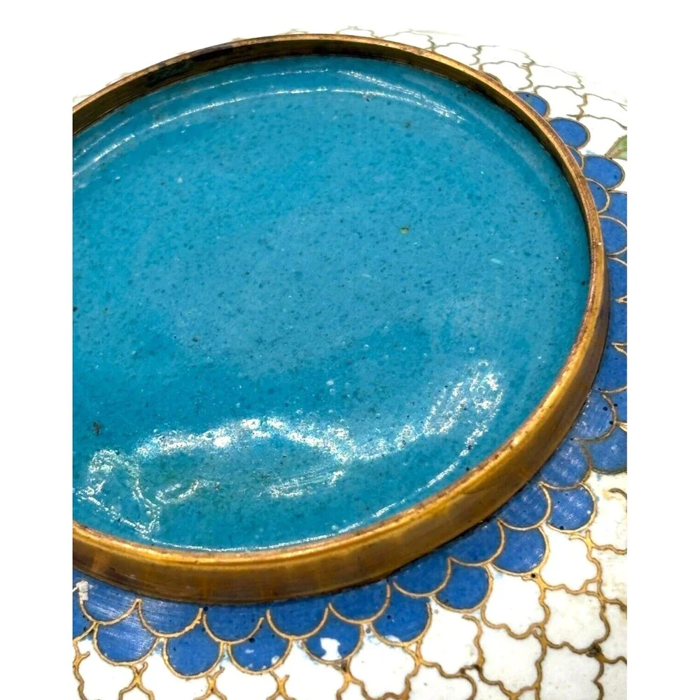 Vintage Chinese Cloisonné Enamel on Bronze Lidded Bowl Trinket Dish‎ Floral Teal